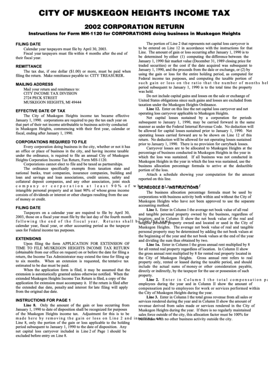 Instructions For Form Mh-1120 For Corporations Doing Business In Muskegon Heights - 2002 Printable pdf