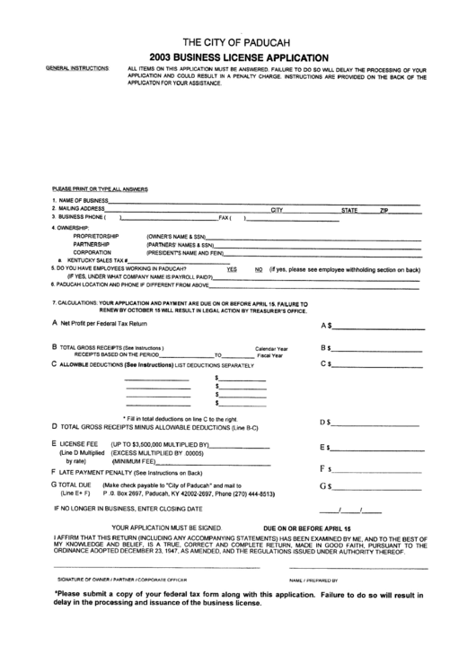 Business License Application - The City Of Paducah - 2003 Printable pdf