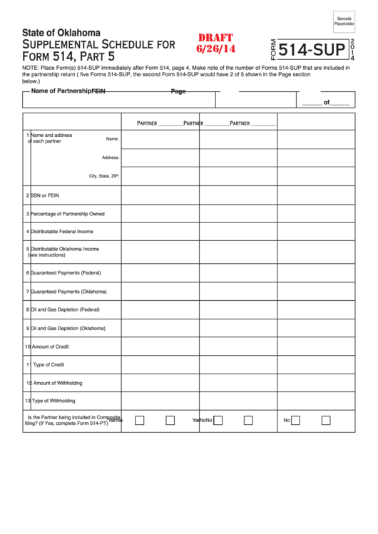 Form 514-Sup Draft - Supplemental Schedule ,part 5 - 2014 Printable pdf