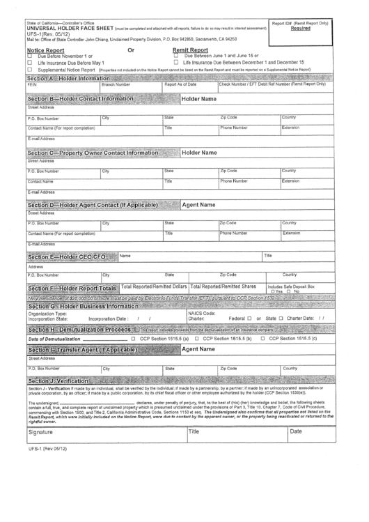 Form Ufs-1 - Universal Holder Face Sheet - Notice Report / Remit Report Printable pdf