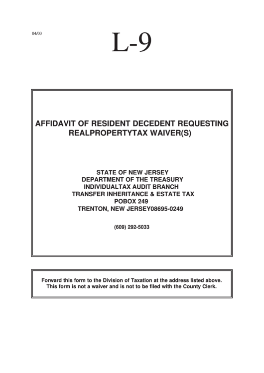 Affidavit Of Resident Decedent Requesting Real Property Tax Waiver(S) (L-9) Printable pdf
