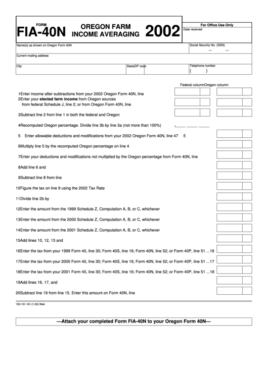 Form Fia-40n - Oregon Farm Income Averaging - 2002 Printable pdf