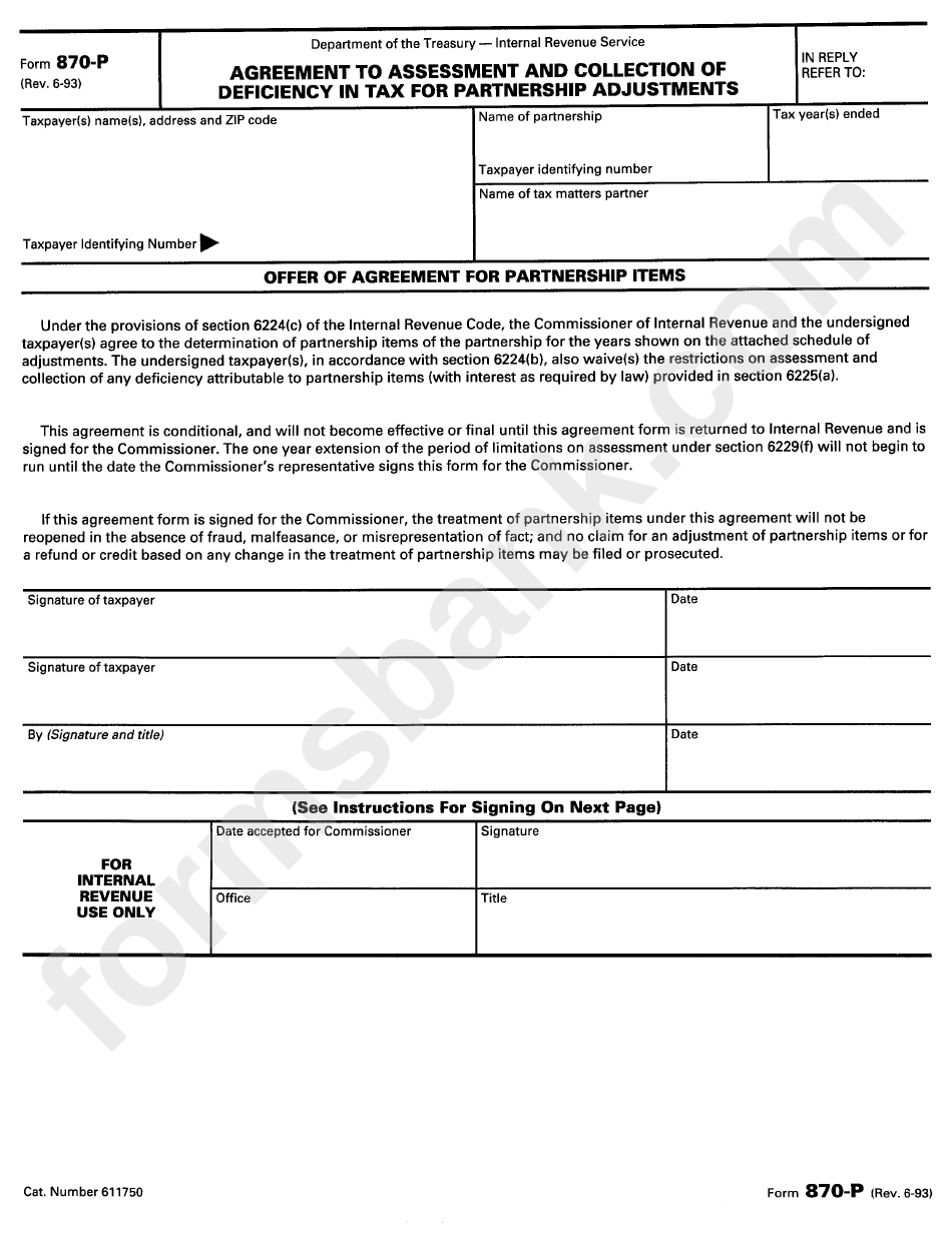 Form 870-P - Agreement To Assessment And Collection Of Deficiency In Tax For Partnership Adjustments