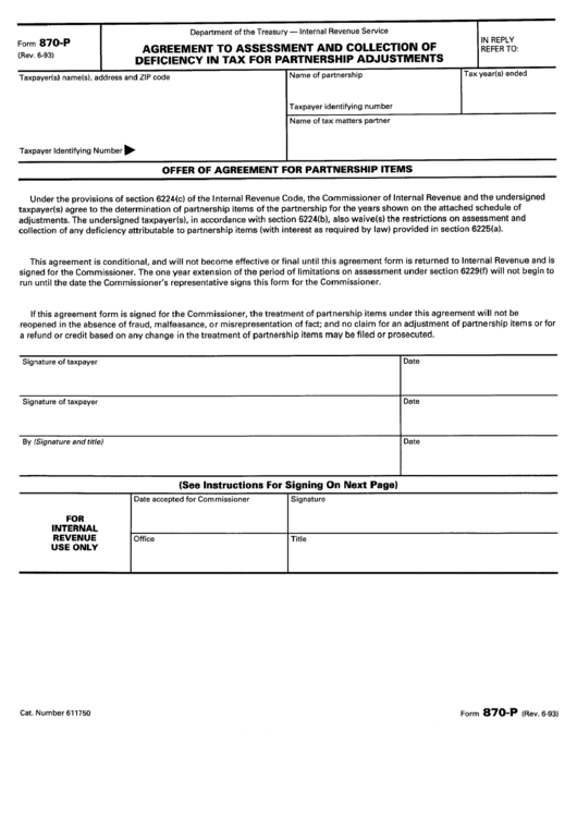 Form 870-P - Agreement To Assessment And Collection Of Deficiency In Tax For Partnership Adjustments Printable pdf
