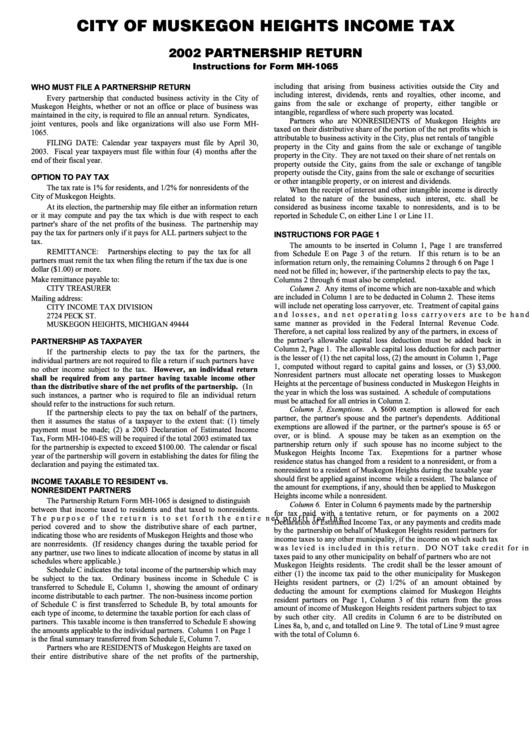 Instructions For Form Mh-1065 - Partnership Return - 2002 Printable pdf