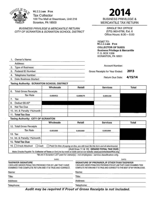 Business Privilege And Mercantile Tax Return Form - William Fox Tax Collector - 2014 Printable pdf