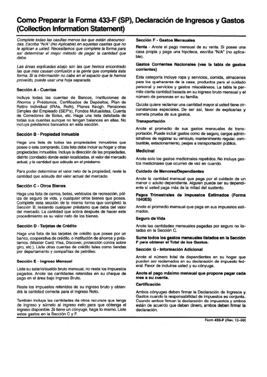 Fillable Como Preparar La Forma 443-F(Sp) - Declaration De Ingresos Y Gastos - Collection Information Statement Printable pdf
