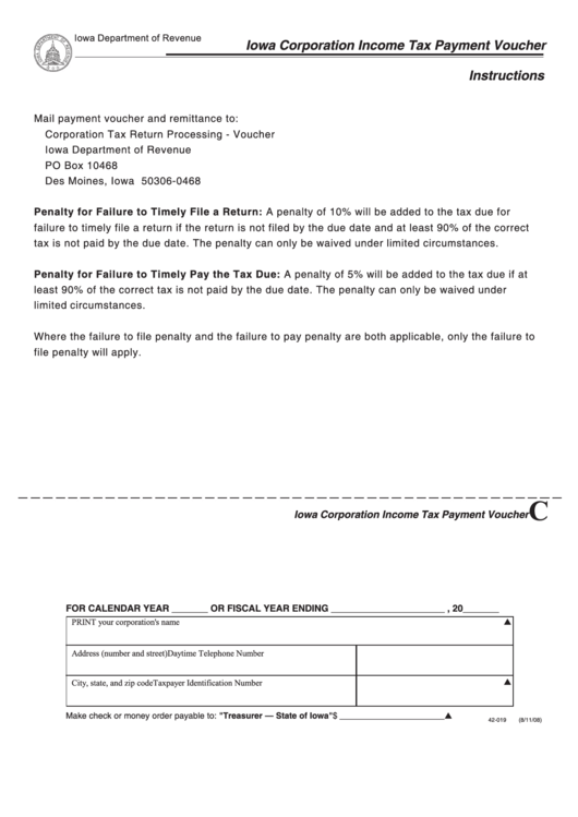 Form 42019 Iowa Corporation Tax Payment Voucher printable pdf