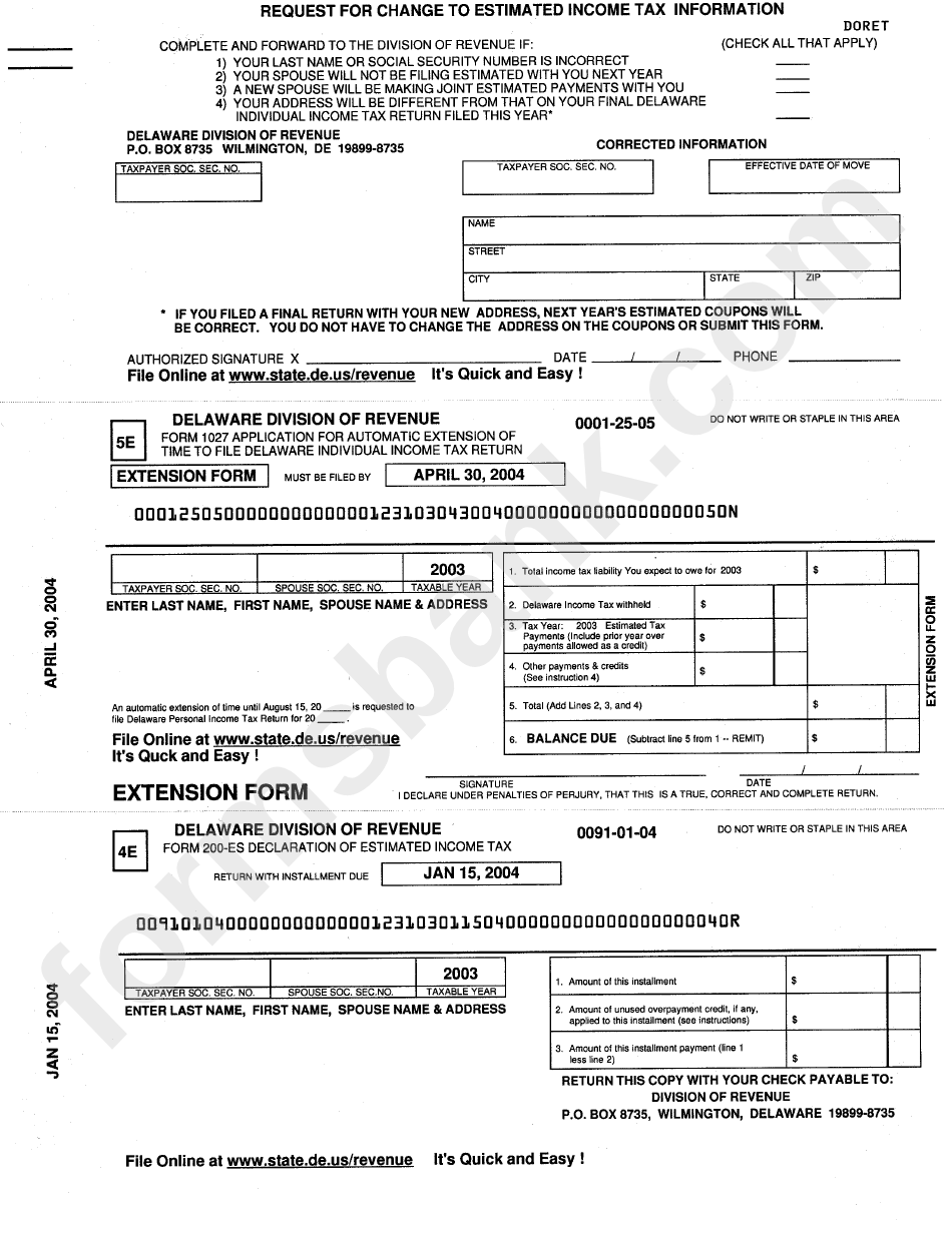 Form 1027 - Application For Automatic Extension Of Time To File Delaware Individual Income Tax Return