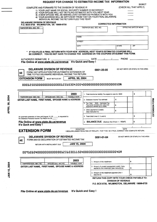 Form 1027 - Application For Automatic Extension Of Time To File Delaware Individual Income Tax Return Printable pdf