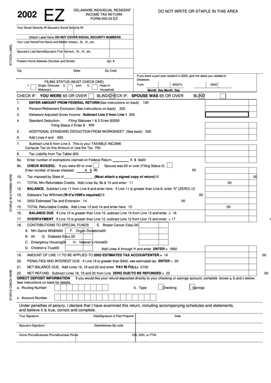Form 200-03 Ez - Delaware Individual Resident Income Tax Return - 2002 Printable pdf