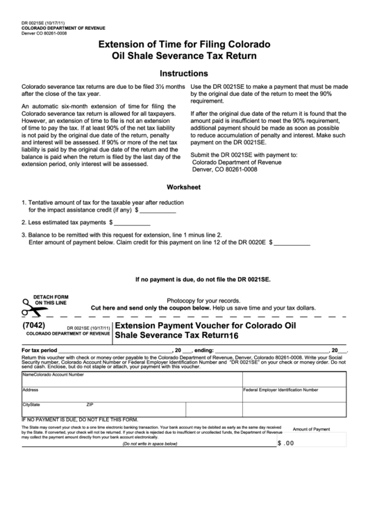 Form Dr 0021se - Extension Payment Voucher For Colorado Oil Shale Severance Tax Return Printable pdf