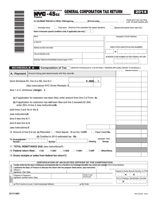 Form Nyc-4sez - General Corporation Tax Return - 2014 Printable pdf