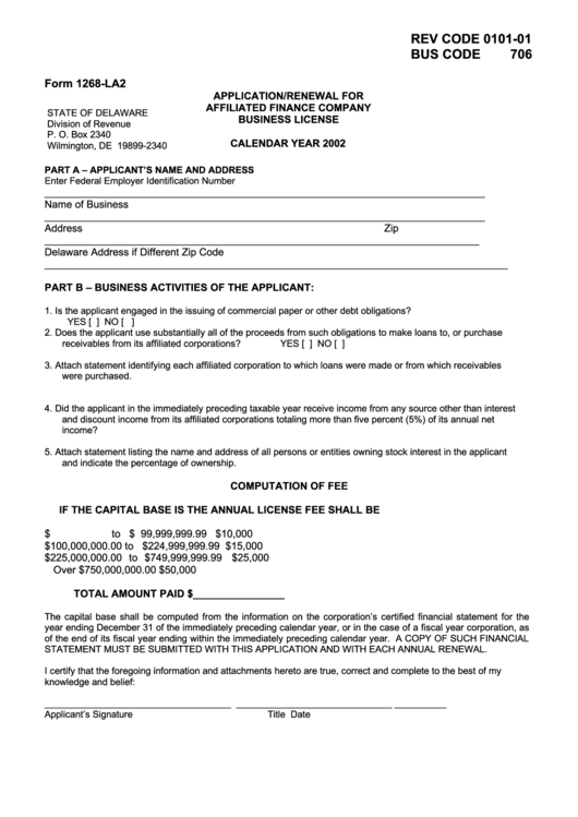 Form 1268-La2 - Application/renewal For Affiliated Finance Company Business License - 2002 Printable pdf
