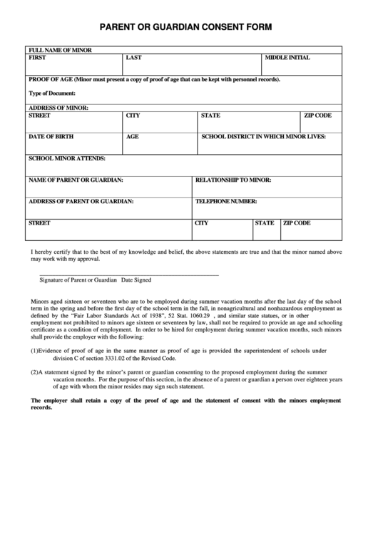Parent Or Guardian Consent Form Printable pdf