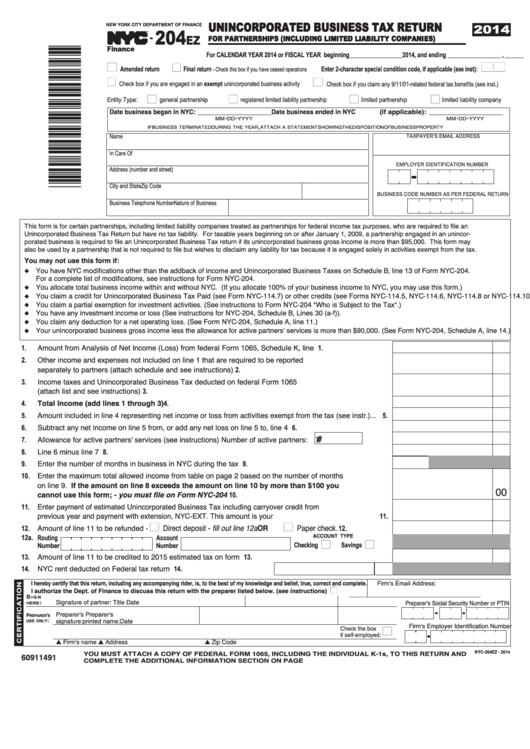 Form Nyc-204ez - Unincorporated Business Tax Return For Partnerships (Including Limited Liability Companies) - 2014 Printable pdf