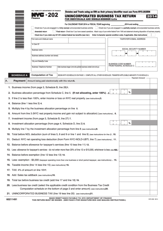 Firm Nyc-202 - Unincorporated Business Tax Return - 2014 Printable pdf