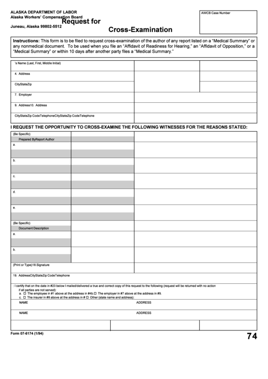 Form 07-6174 - Request For Cross-Examination Printable pdf