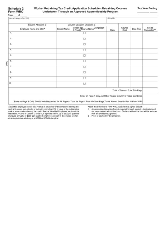 Fillable Form Wrc - Schedule 2 - Worker Retraining Tax Credit Application Schedule - Retraining Courses Undertaken Through An Approved Apprenticeship Program Printable pdf