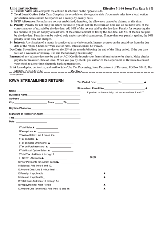 Form 32-025 - Iowa Streamlined Return Printable pdf