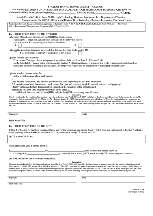 Form N-318a - Statement Of Investment In A Qualified High Technology Business (Qhtb) - 2002 Printable pdf