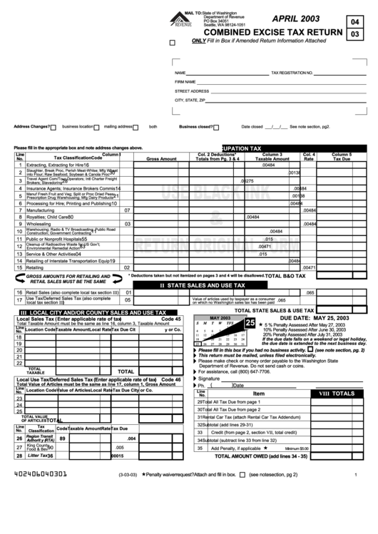 State Of Washington Combined Excise Tax Return - 2003 Printable pdf