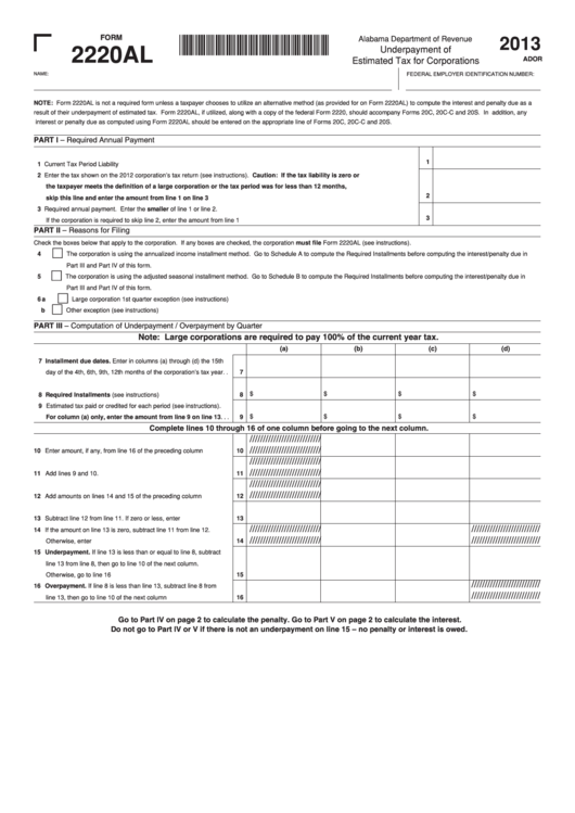 Fillable Form 2220al - Underpayment Of Estimated Tax For Corporations - 2013 Printable pdf