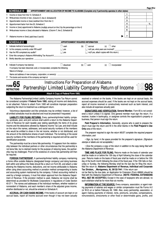 Form 65 - Partnership/limited Liability Company Return Of Income - 1998 Printable pdf