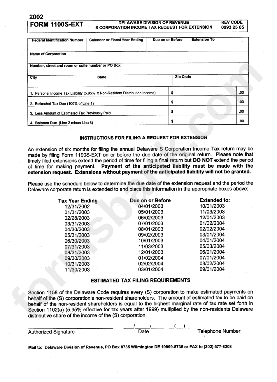 Form 1100s-Ext - S Corporation Income Tax Request For Extension - 2002