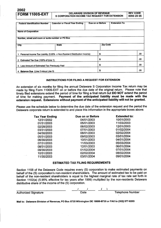 Form 1100s-Ext - S Corporation Income Tax Request For Extension - 2002 Printable pdf