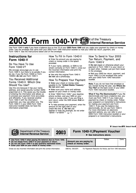 Form 1040-V - Payment Voucher - 2003 Printable pdf