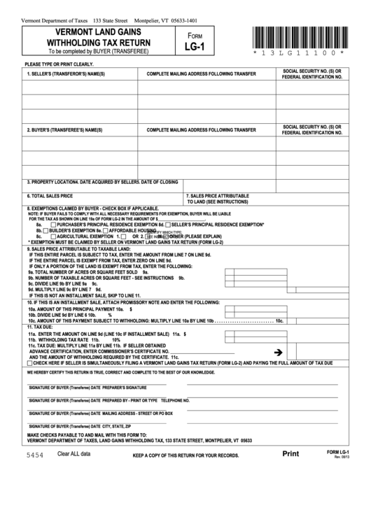 Fillable Form Lg-1 - Vermont Land Gains Withholding Tax Return Printable pdf