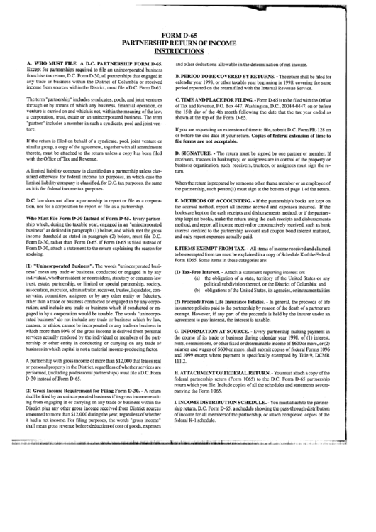 Instructions For Form D-65 - Partnership Return Of Income - District Of Columbia Printable pdf