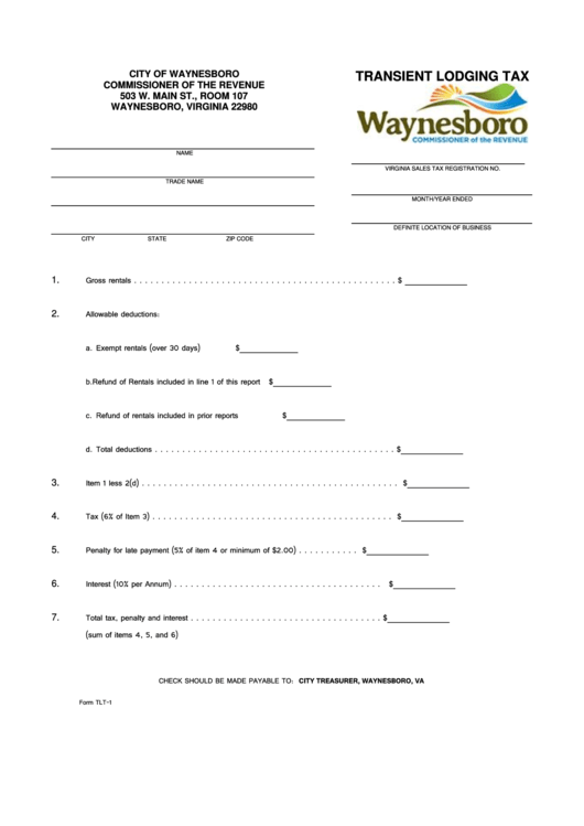 Form Tlt-1 - Transient Lodging Tax - City Of Waynesboro Printable pdf