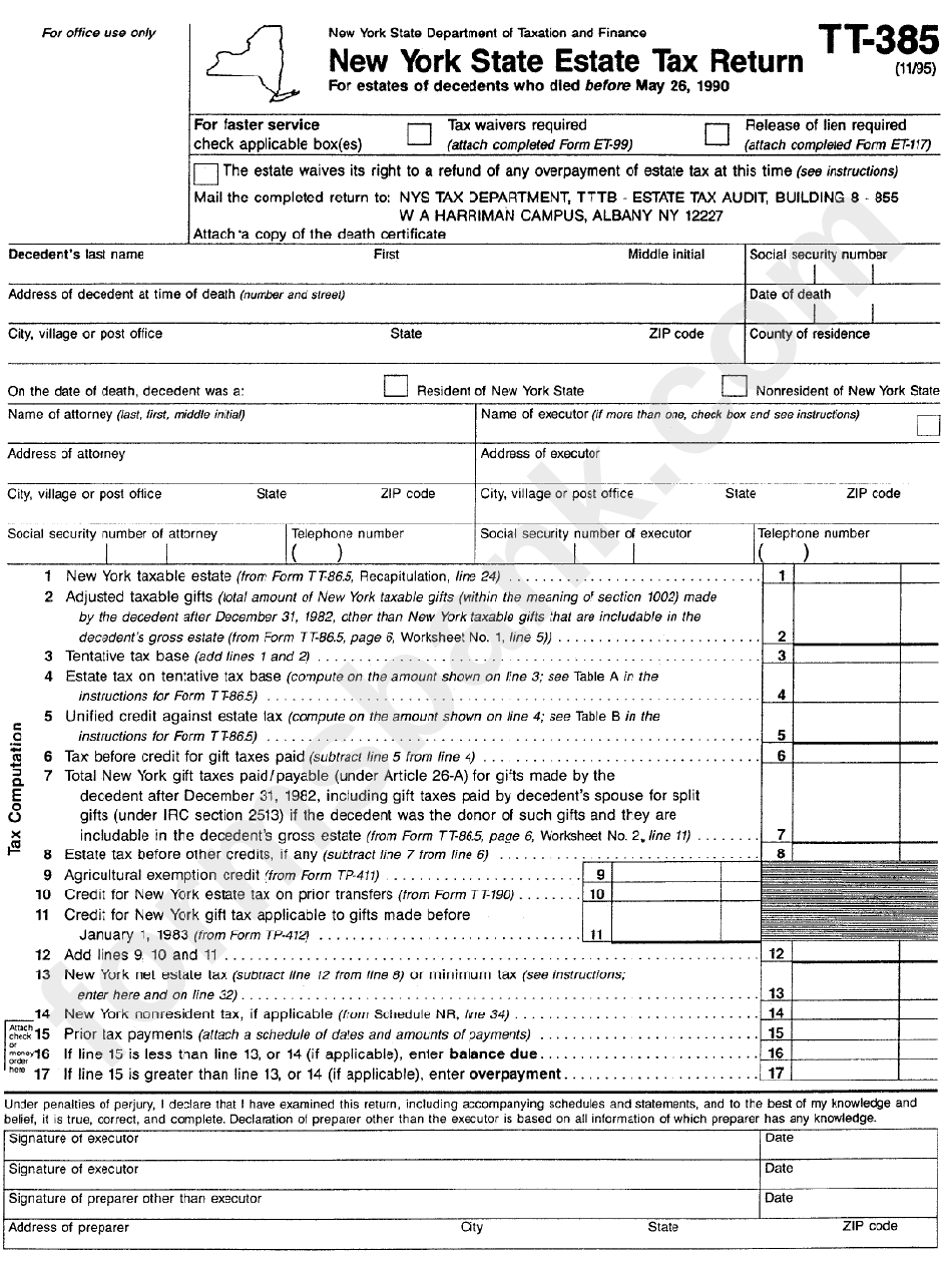 Form Tt-385 - New York State Estate Tax Return