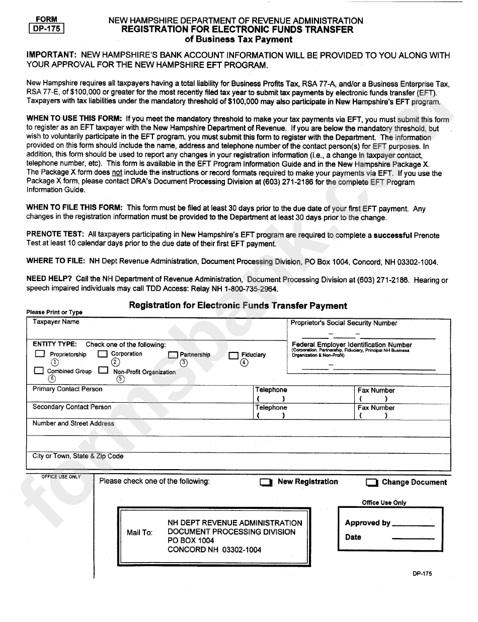 Form Dp-175 - Registration For Electronic Funds Transfer - New Hampshire Department Of Revenue