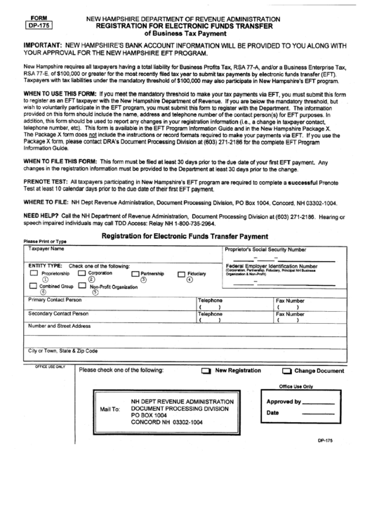 Fillable Form Dp-175 - Registration For Electronic Funds Transfer - New Hampshire Department Of Revenue Printable pdf