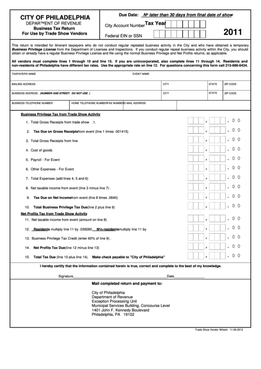 Business Tax Return For Use By Trade Show Vendors Form - City Of Philadelphia Department Of Revenue - 2010 Printable pdf