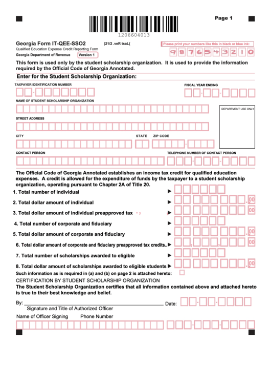 Fillable Form It-Qee-Sso2 - Qualified Education Expense Credit Reporting Form Printable pdf