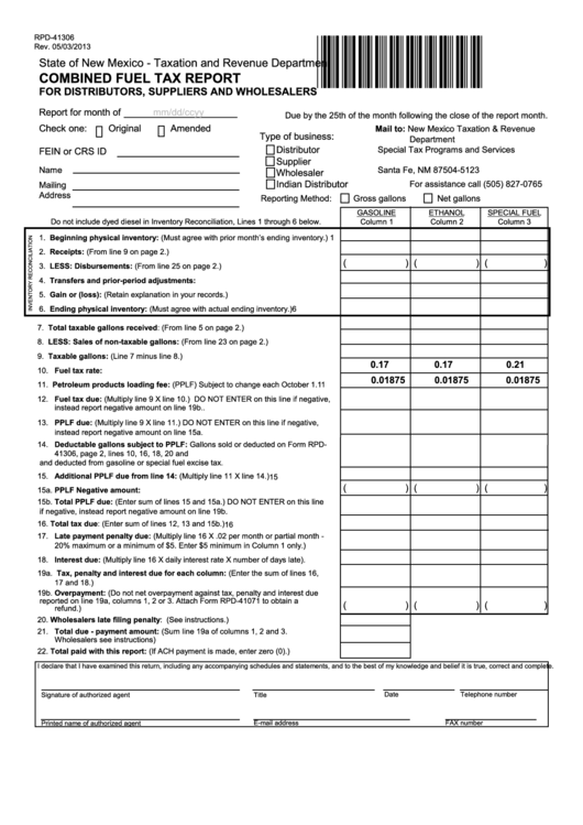 Form Rpd-41306 - Combined Fuel Tax Report For Distributors, Suppliers And Wholesalers Printable pdf