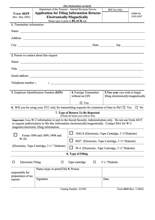Form 4419 - Application For Filing Information Returns Electronically/magnetically - 2002 Printable pdf