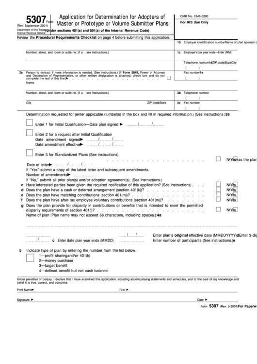 Fillable Form 5307 - Application For Determination For Adopters Of Master Or Prototype Or Volume Submitter Plans Printable pdf
