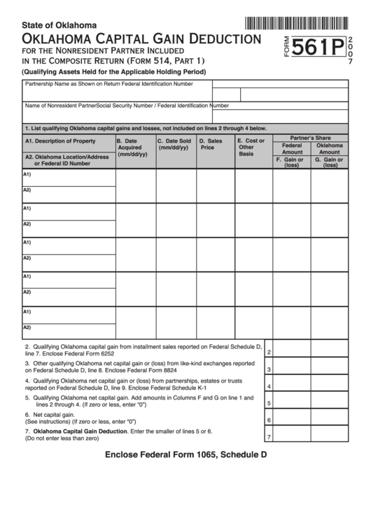 Fillable Form 561p - Oklahoma Capital Gain Deduction For The Nonresident Partner Included In The Composite Return - 2007 Printable pdf