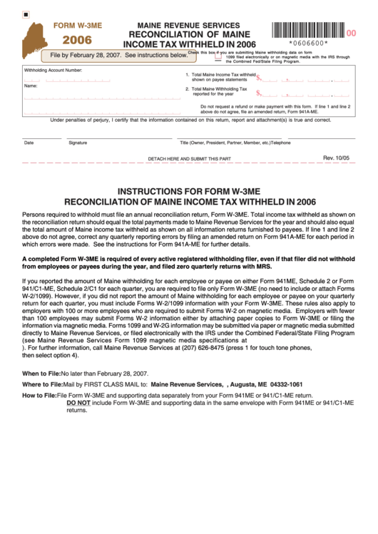 Form W-3me - Reconciliation Of Maine Income Tax Withheld In 2006 Printable pdf