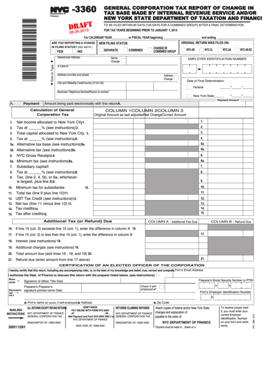 Form Nyc-3360 Draft - General Corporation Tax Report Of Change In Tax Base - 2015 Printable pdf