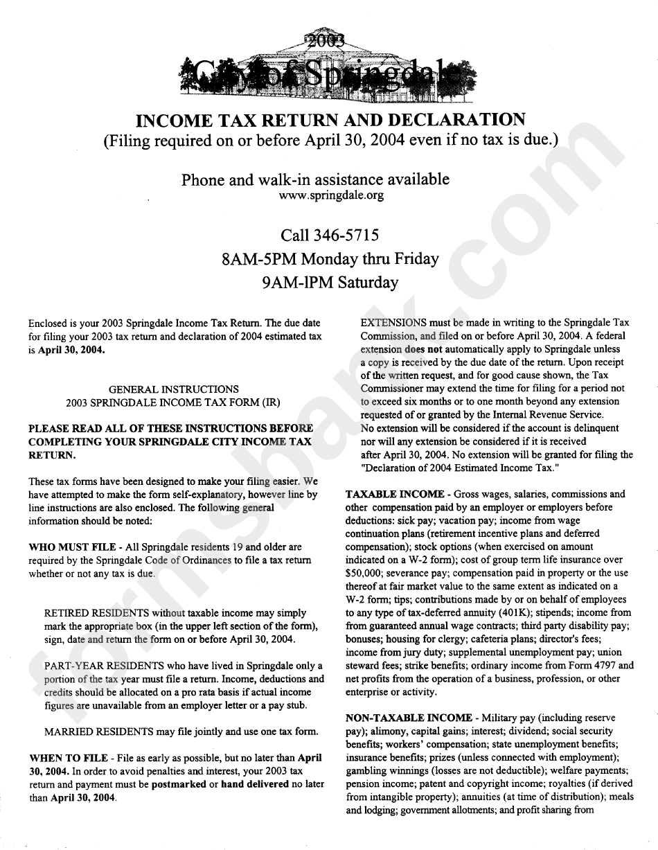 General Instructions 2003 Springdale Tax Form (Ir) printable pdf