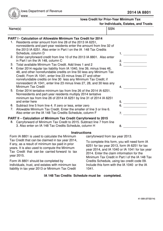 Form Ia 8801 - Iowa Credit For Prior-Year Minimum Tax For Individuals, Estates, And Trusts - Iowa Department Of Revenue Printable pdf