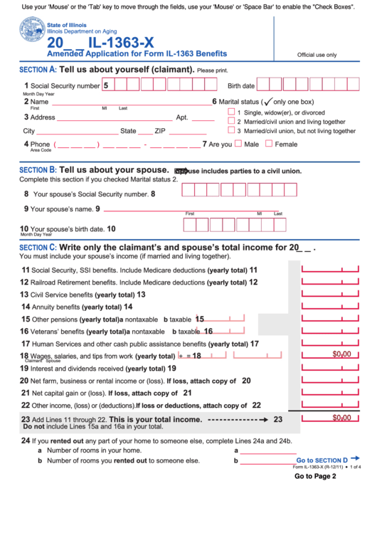 Fillable Form Il-1363-X - Amended Application For Form Il-1363 Benefits - 2011 Printable pdf