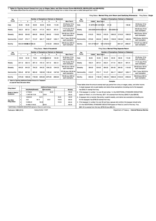 Publication 1494 - Tables For Figuring Amount Exempt From Levy On Wages, Salary, And Other Income - 2013 Printable pdf