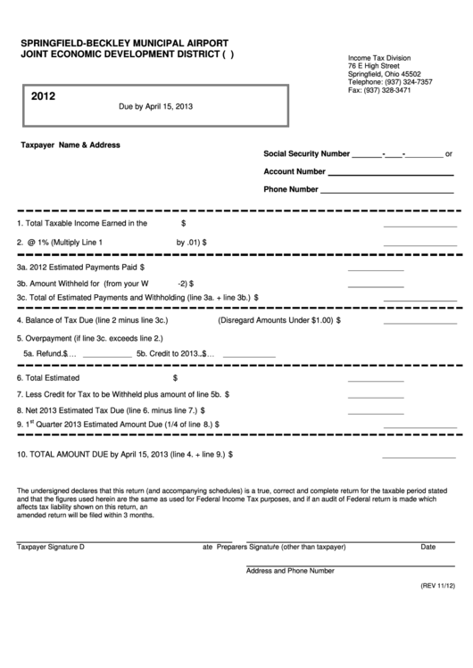 J.e.d.d Individual Income Tax Return Form - Joint Economic Development District - Springfield - 2012 Printable pdf